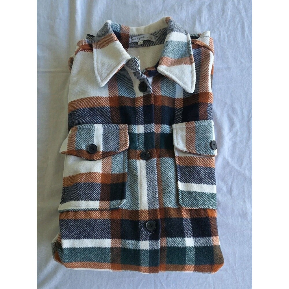 MISS SPARKLING Womens Plaid Shacket Jacket Button Front Pockets Collared M